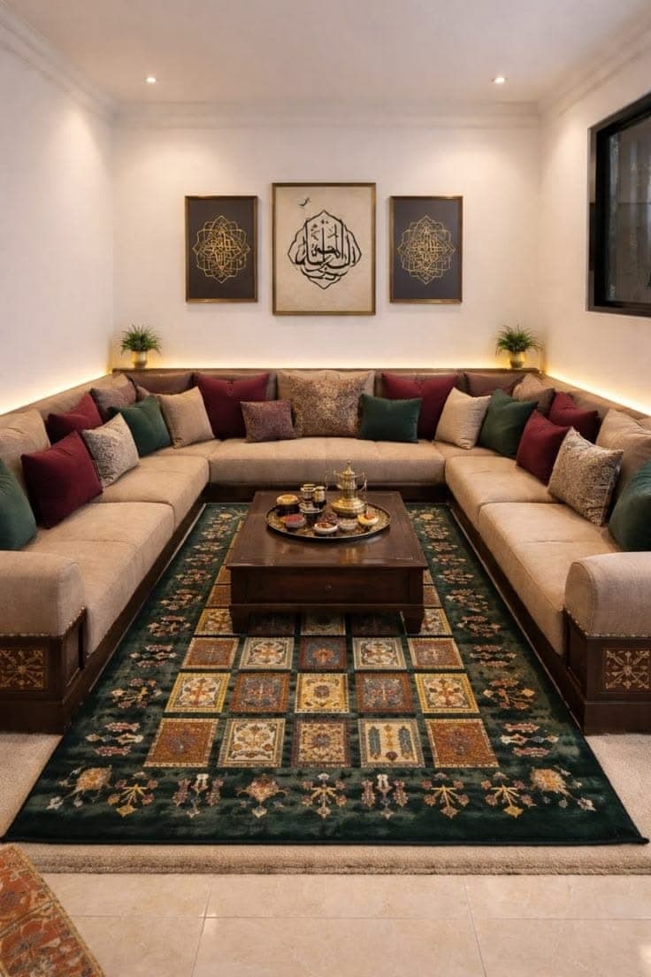 Patterned area carpet anchoring a living room