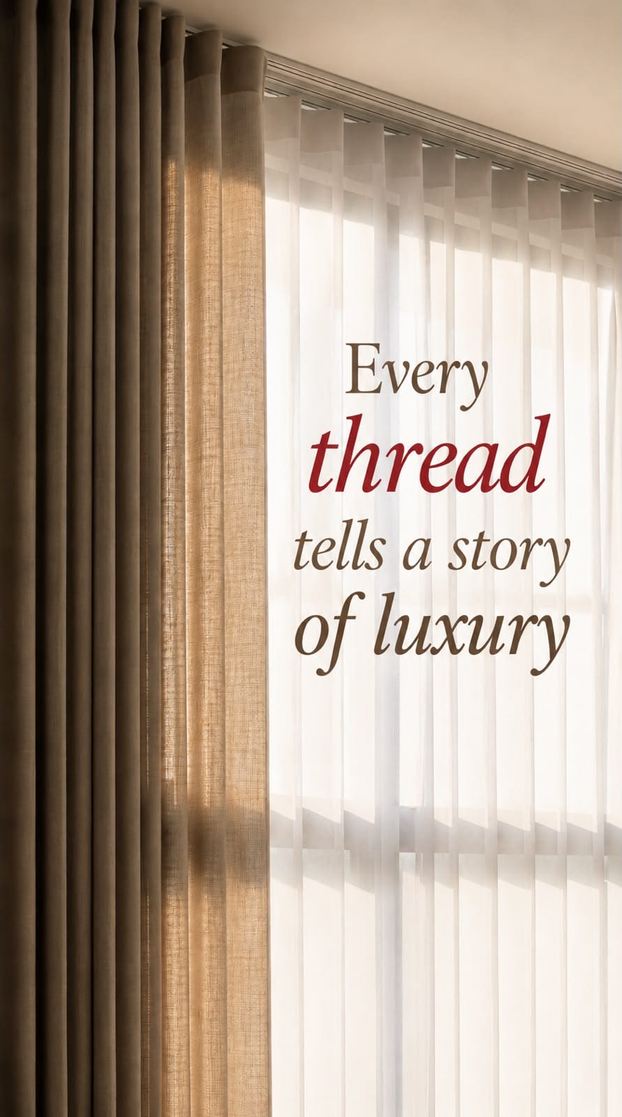 Sheer and blackout curtains layered across a sunlit window — every thread tells a story of luxury
